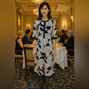 Vintage Oleart midi short button  sleeve dress, button half top w/zip, textured